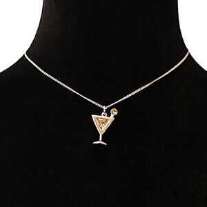 Cocktail Drink Martini Glass Pendant Necklace Silver Tone 16 Inch Necklace